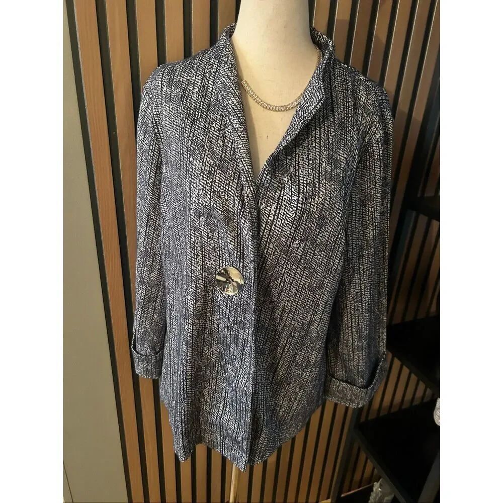 JM COLLECTION BLAZER JACKET WOMEN L NAVY GRAY ABSTRACT BUTTON 3/4 SLEEVES-NWT$69